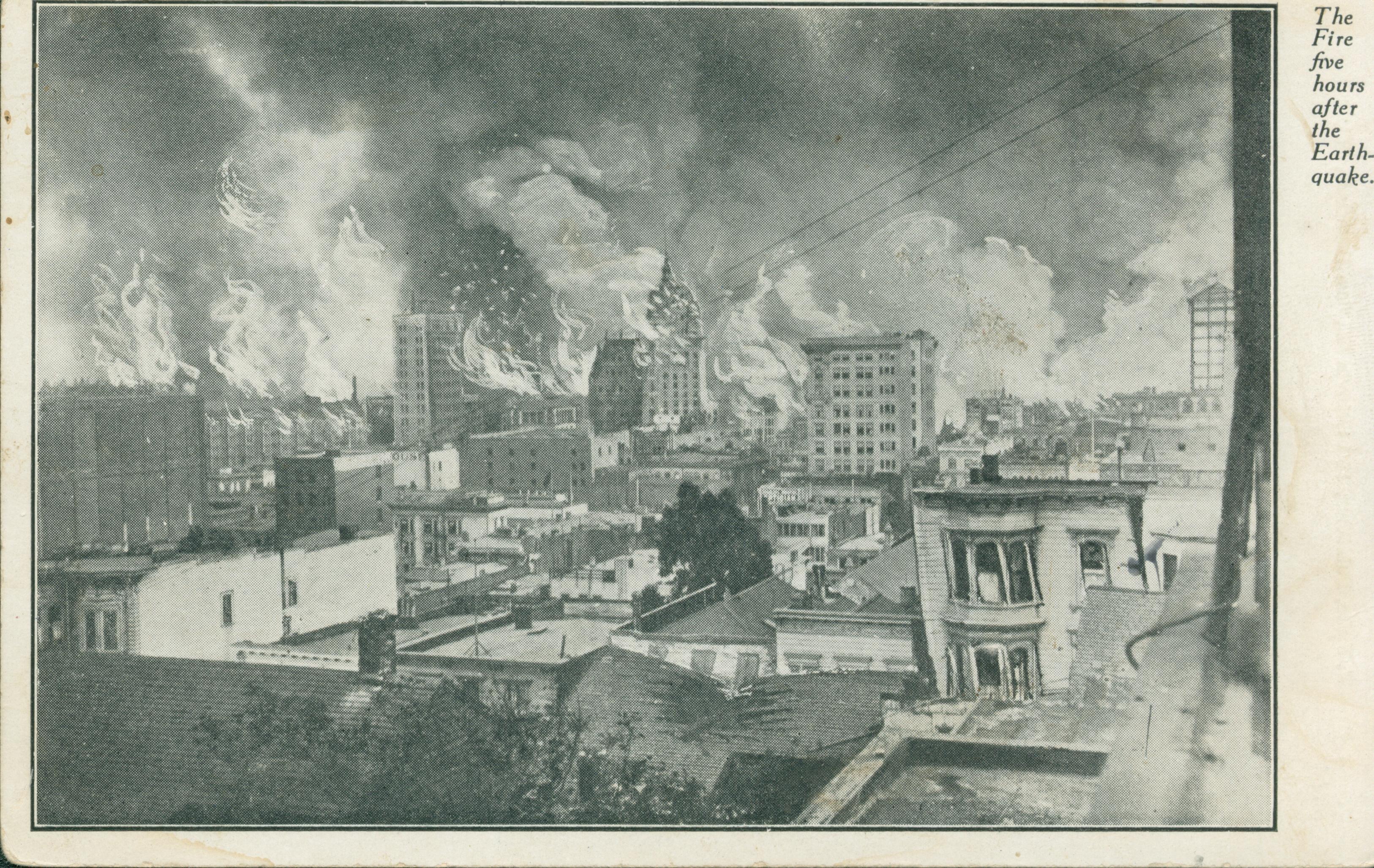 Shows a panoramic view of San Francisco on fire